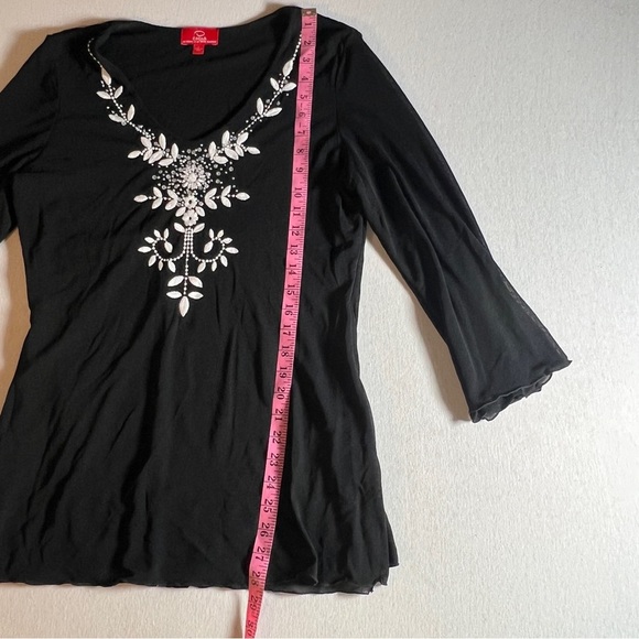 Oscar by Oscar De La Renta Long Sleeve Beaded Embroidered Black Mesh Top, Large - Picture 4 of 8
